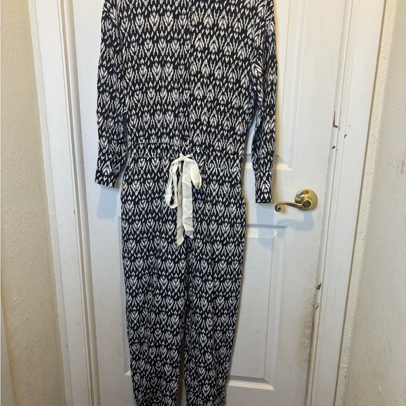 NUDE Monochrome Patterned Silk Jumpsuit with Waist Tie